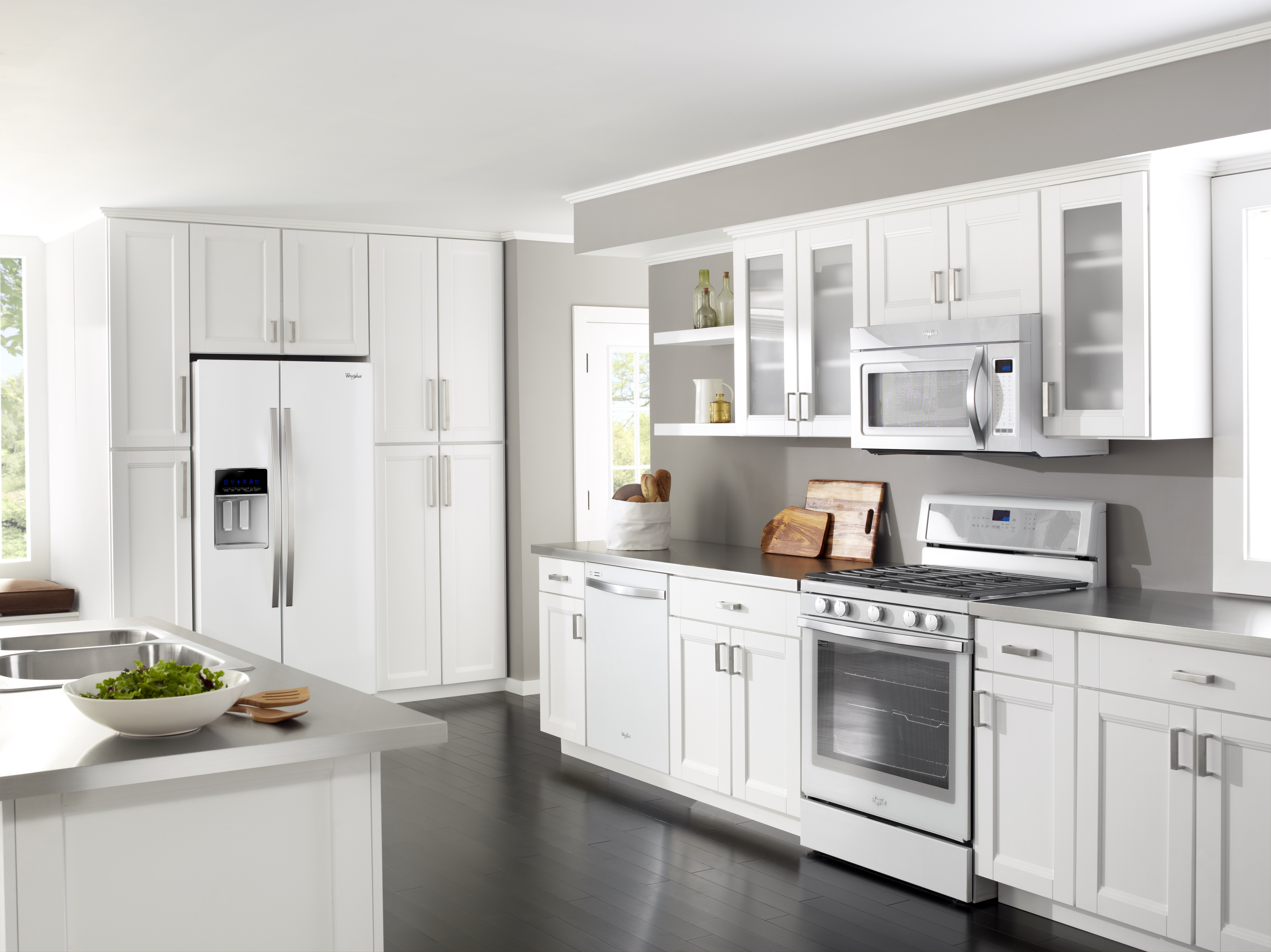  white kitchen cabinets and white appliances