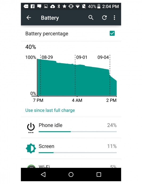 screenshot of battery usage on the Alcatel onetouch Idol3