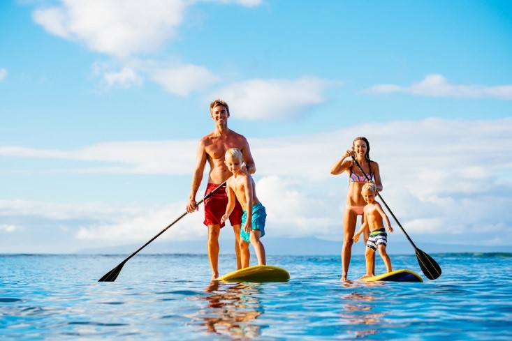 holiday, transat auction, family paddling boarding, family holiday