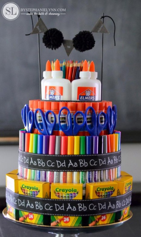 school supply cake, school supplies, classroom supplies, teacher gifts, holiday teacher gifts, gifts for your teacher