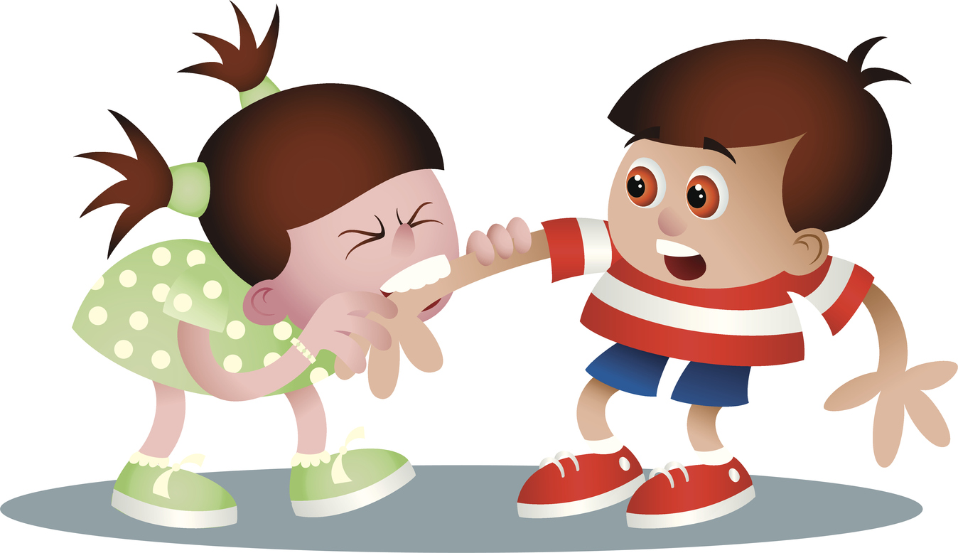 Vector cartoon of little girl biting little boy. 